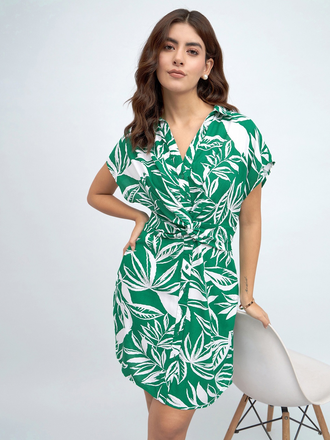 

DL Woman Floral Printed Shirt Style Dress, Green