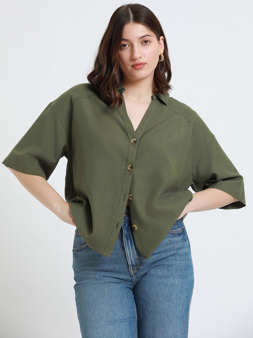 

DL Woman Drop-Shoulder Sleeves Oversized Cotton Casual Shirt, Olive