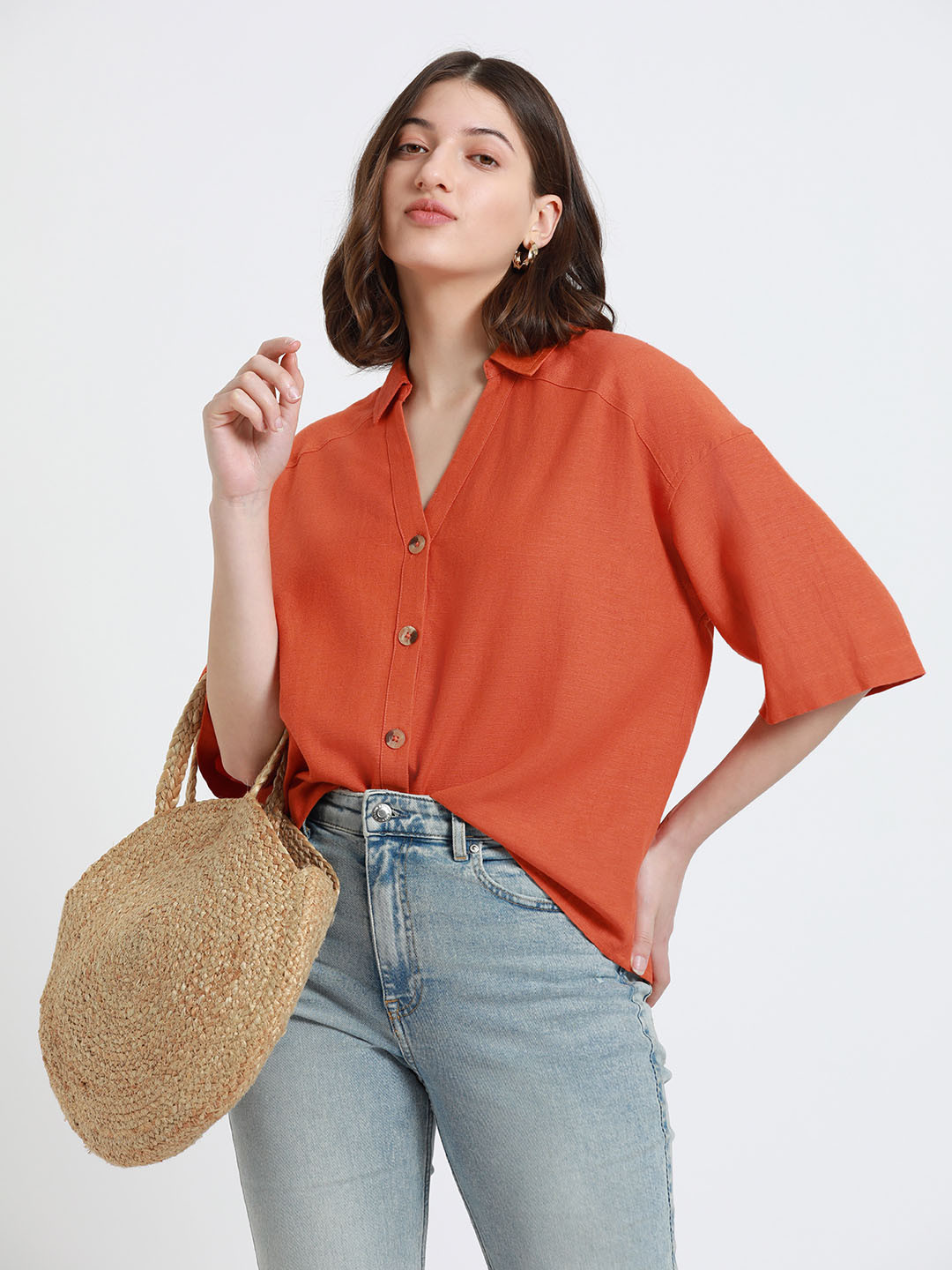 

DL Woman Oversized Spread Collar Cotton Oversized Casual Shirt, Rust