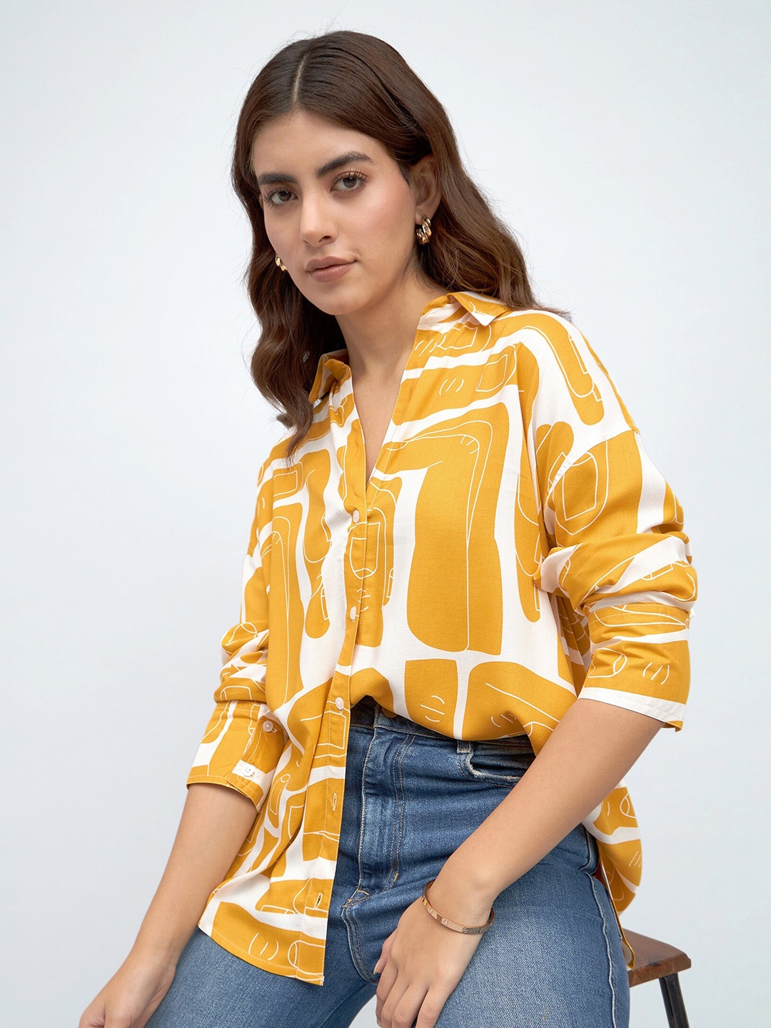 

DL Woman Abstract Printed Oversized Casual Shirt, Mustard