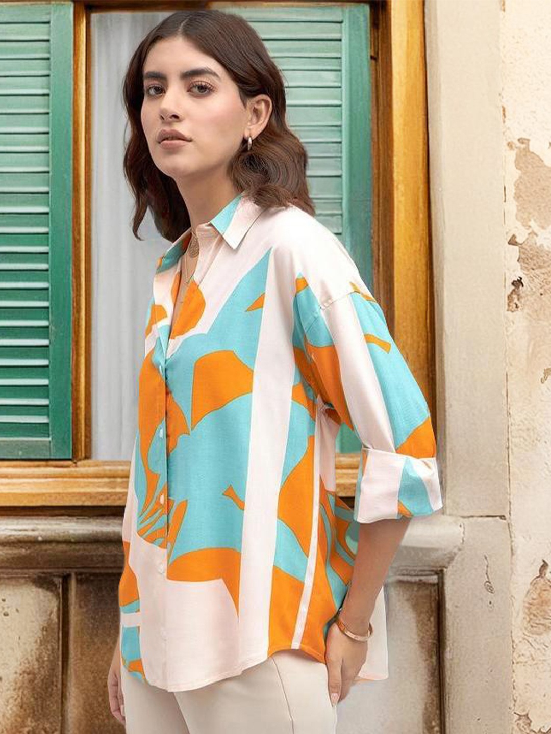 

DL Woman Abstract Printed Oversized Casual Shirt, Blue
