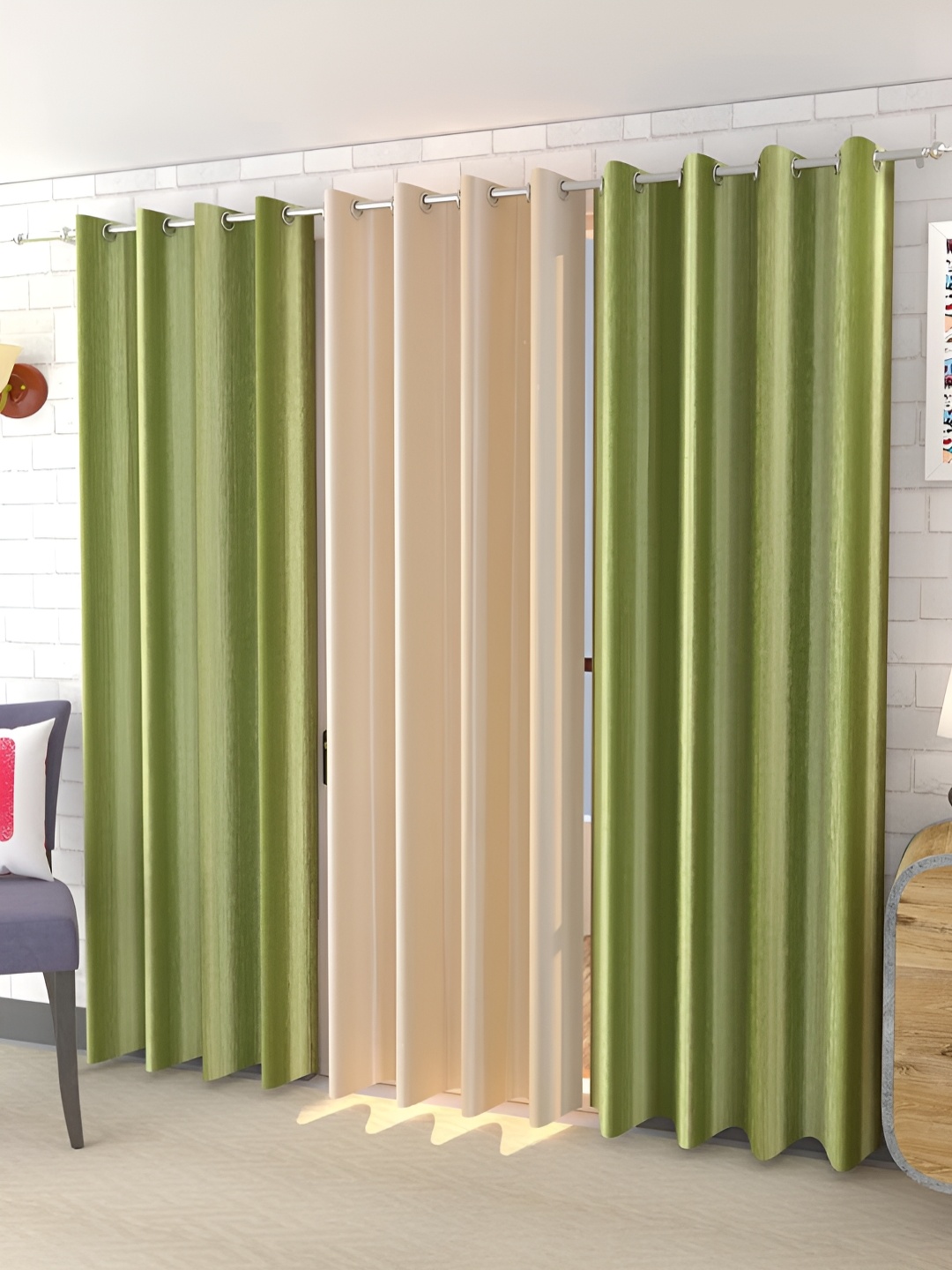 

Kraftiq Homes Royal Crush Green & Beige 3 Pieces Regular Long Door Curtains
