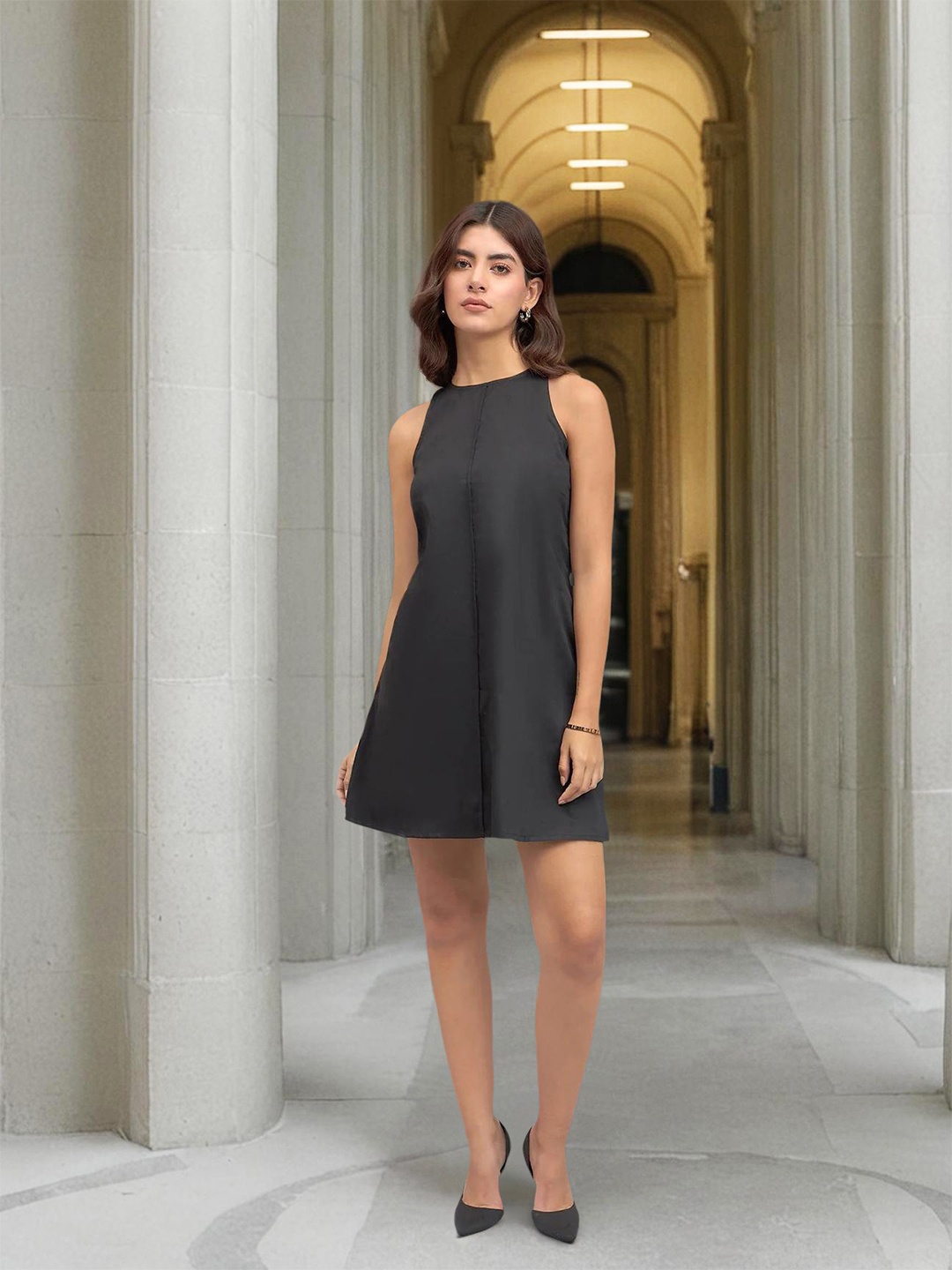 

DL Woman Round Neck Sleeveless Cotton A-Line Dress, Black