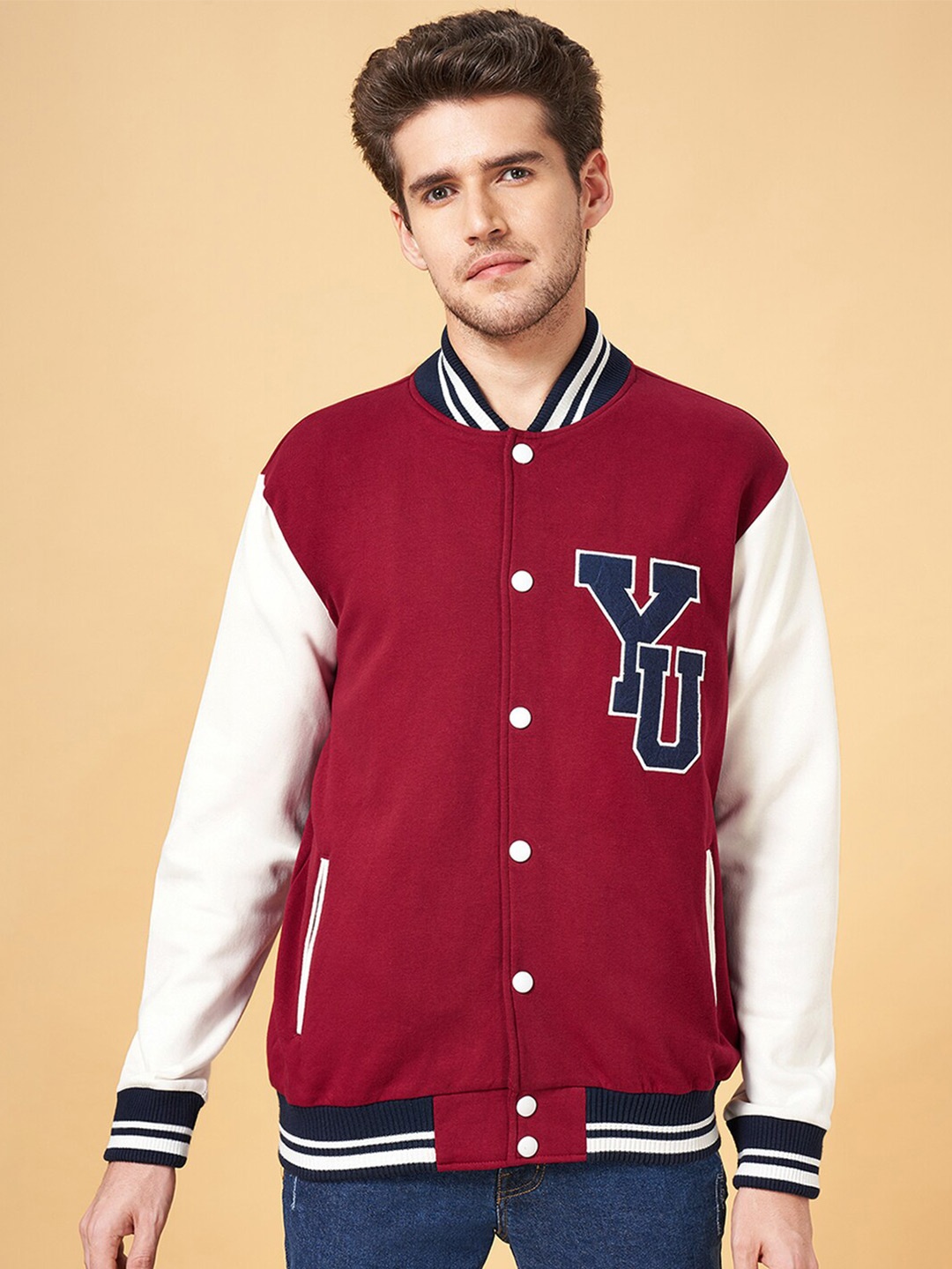 

YU by Pantaloons Typography Embroidered Mock Collar Varcity Jacket, Red