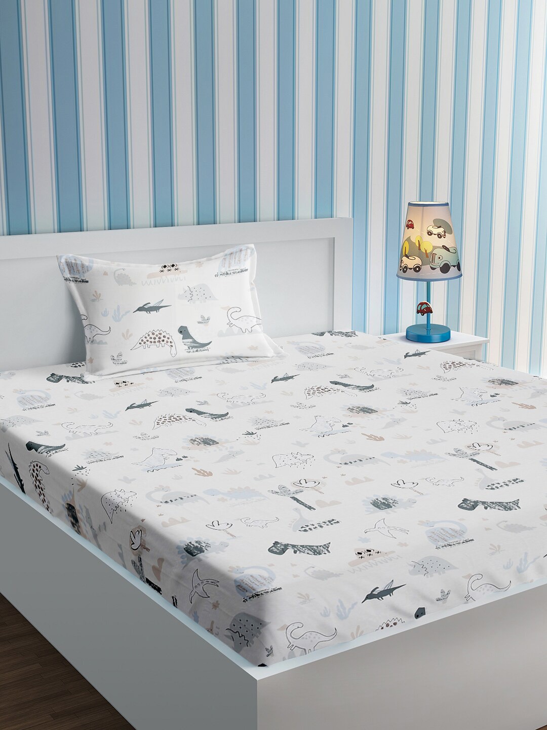 

URBAN DREAM White Dino Printed 210 TC Cotton Single Bedsheet with 1 Pillow Cover