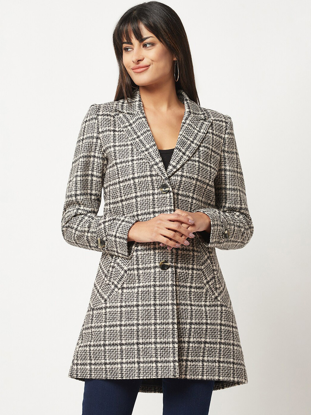 

Knitstudio Checked Single-Breasted Wool Overcoat, Black