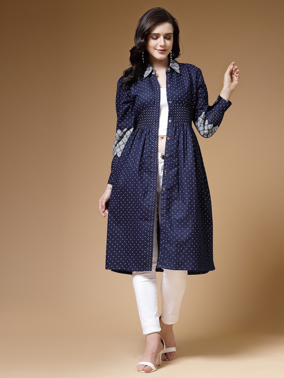 

Indibelle Polka Dots Printed Long Sleeves Cotton Longline Denim Shrug, Blue