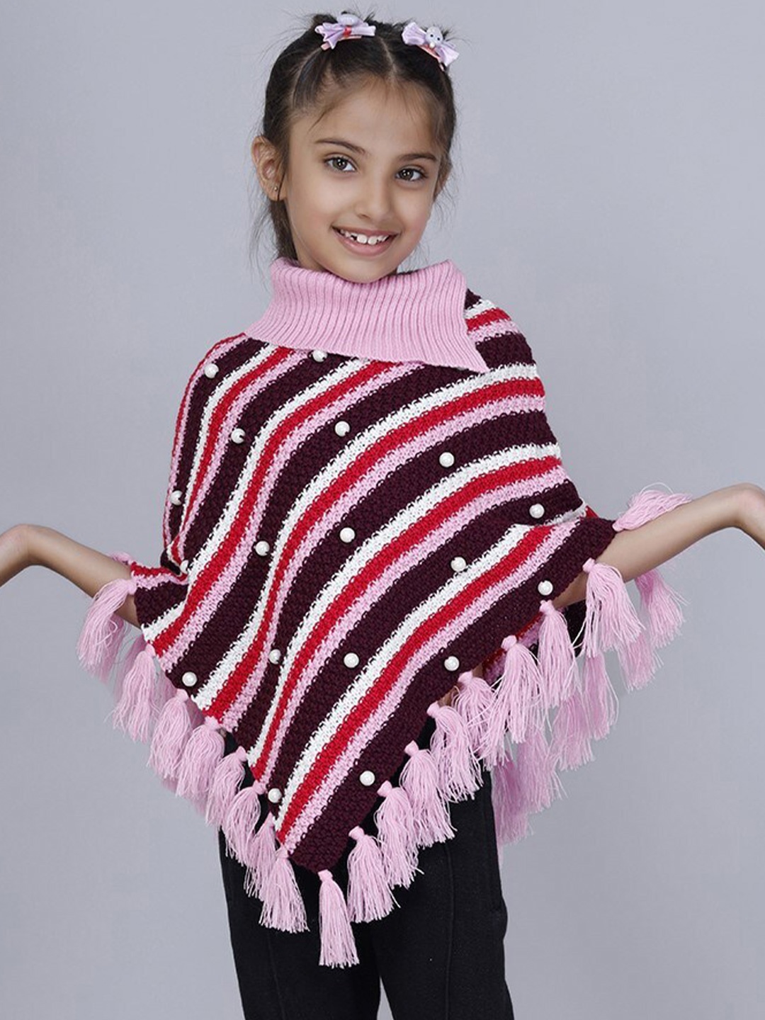 

JoE Hazel Girls Self Design Embellished Acrylic Poncho, Pink