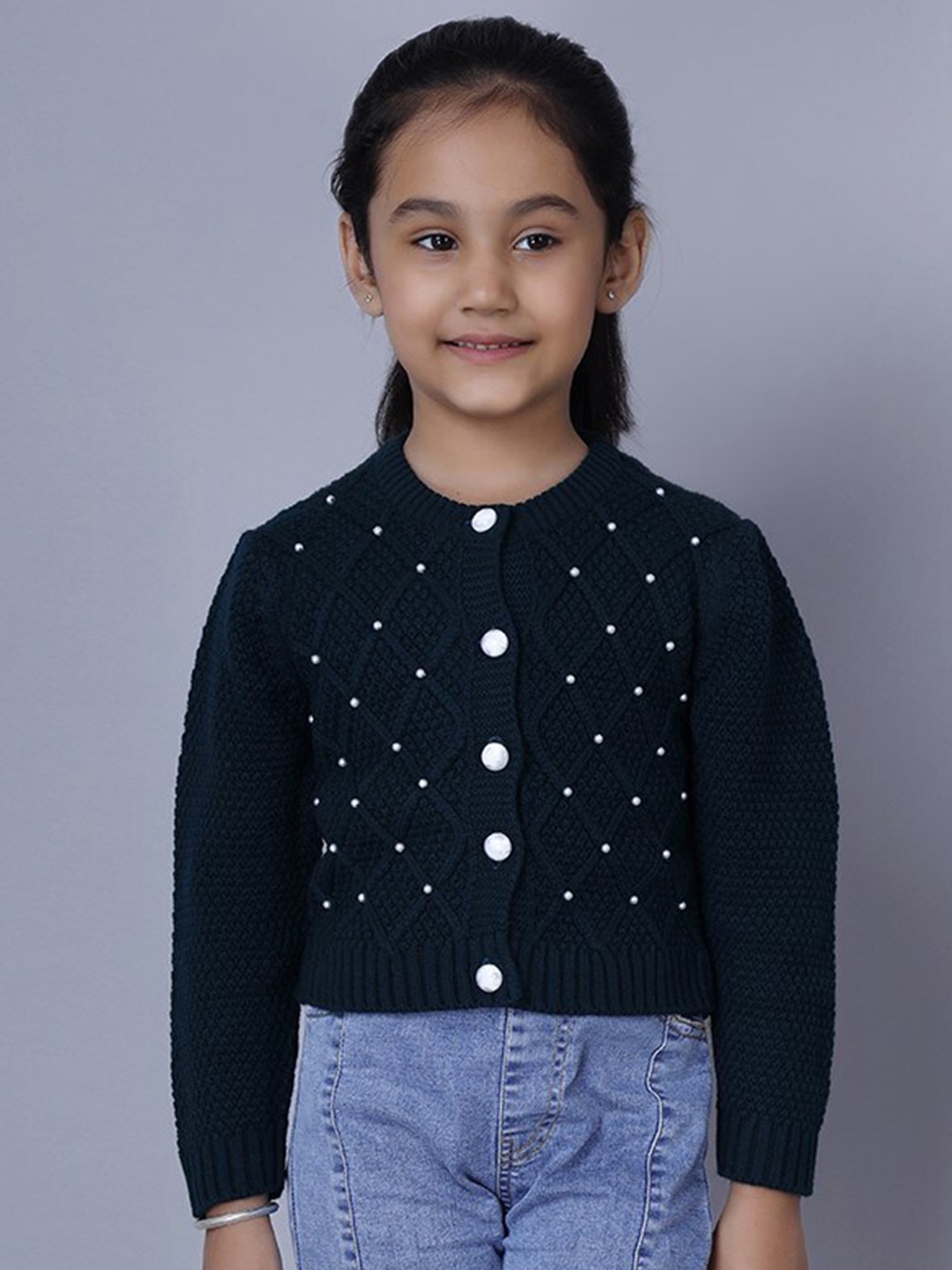 

JoE Hazel Girls Self Design Embellished Acrylic Cardigan, Navy blue