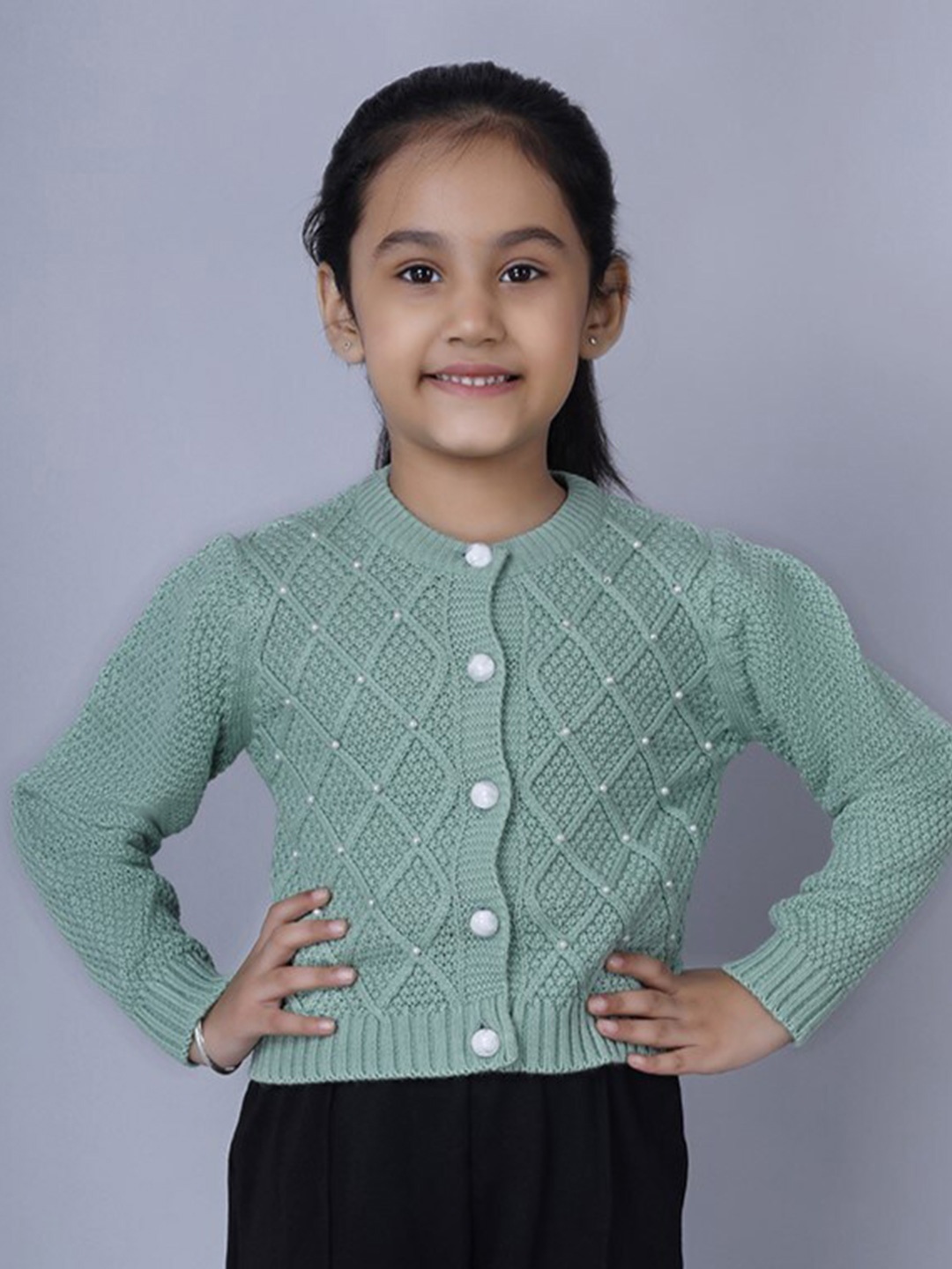 

JoE Hazel Girls Self Design Embellished Acrylic Cardigan, Sea green