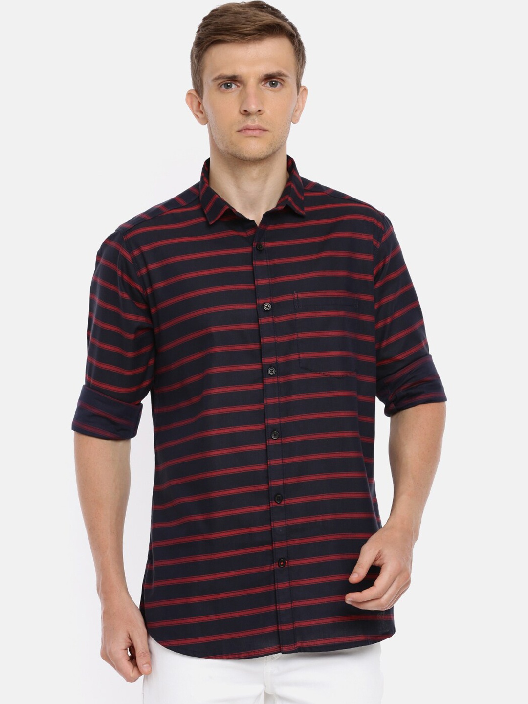

Cross Court Horizontal Striped Pure Cotton Casual Shirt, Navy blue