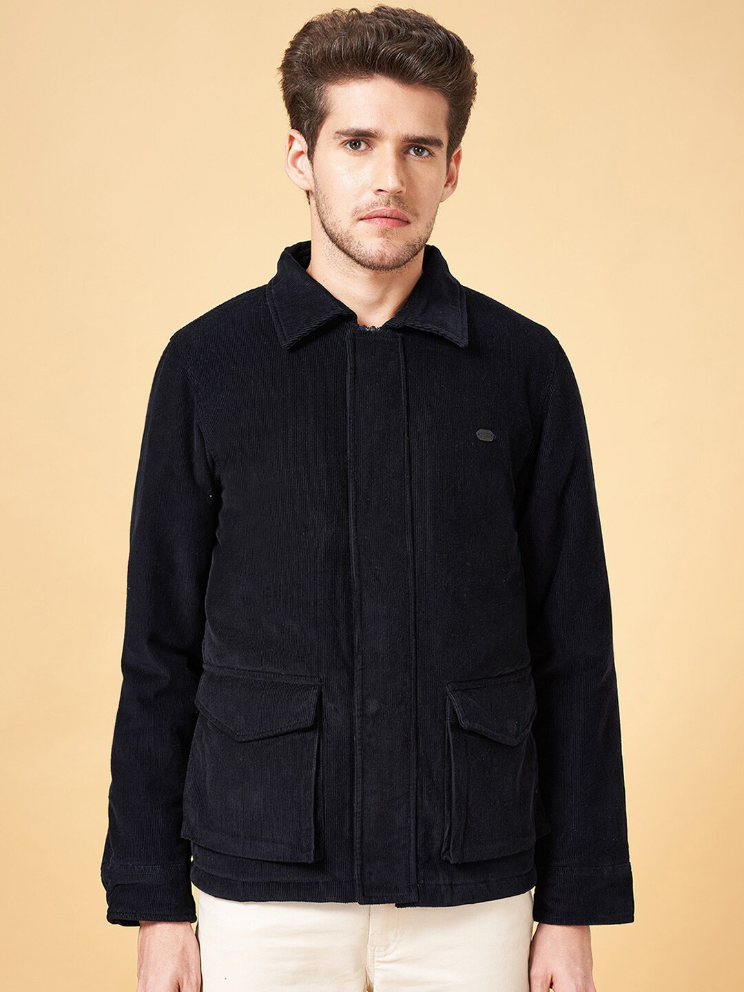 

BYFORD by Pantaloons Spread Collar Corduroy Tailored Jacket, Navy blue