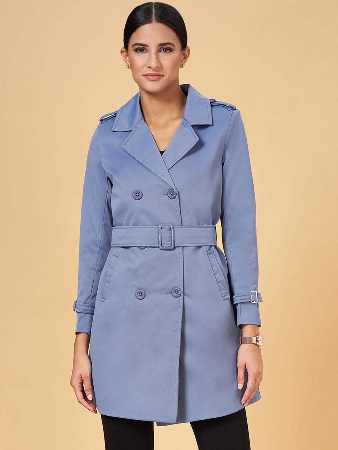 

Annabelle by Pantaloons Notched Lapel Collar Shoulder Tabs Longline Trench Coat, Blue
