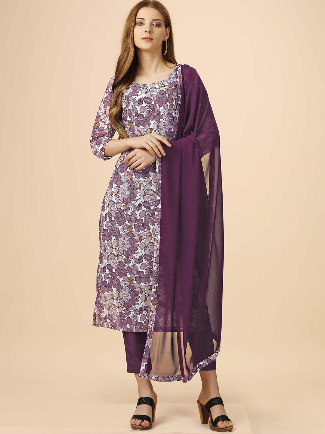 

KALINI Floral Printed Straight Kurta & Trousers With Dupatta, Burgundy