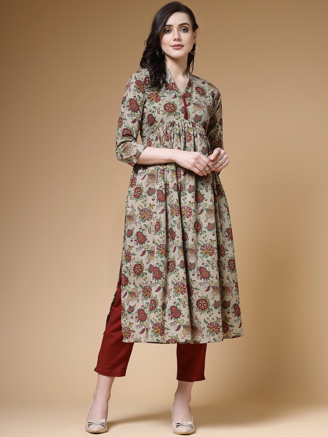 

Indibelle Floral Printed Shawl Neck Pleated Cotton A-Line Kurta, Olive