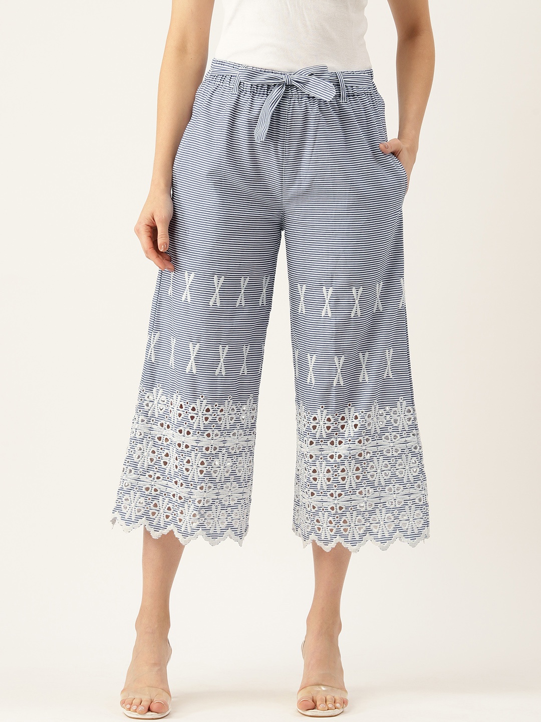 

Molcha Women Floral Embroidered Cropped Palazzos, Blue