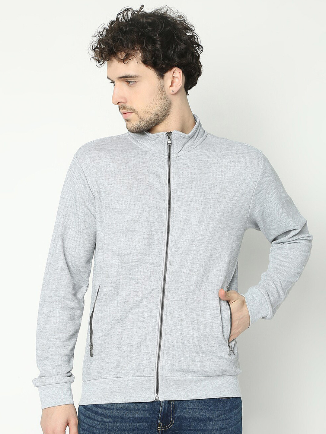 

R&B Mock Collar Cotton Front-Open Sweater, Grey
