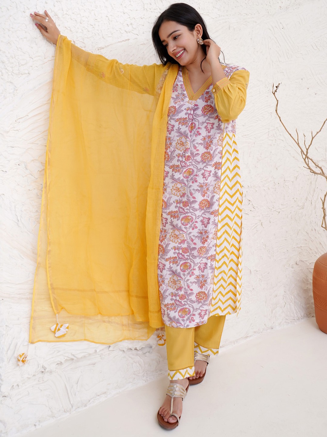 

NERO Floral Printed Pure Cotton Kurta With Trousers & Dupatta, Mustard