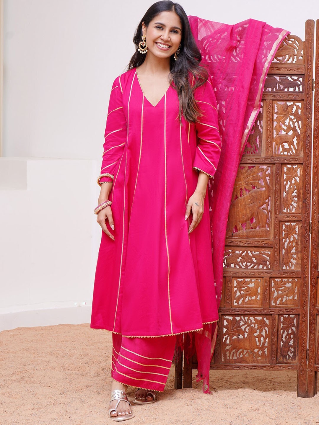 

NERO V-Neck Gotta Patii Satin A-Line Kurta With Trousers & Dupatta, Pink