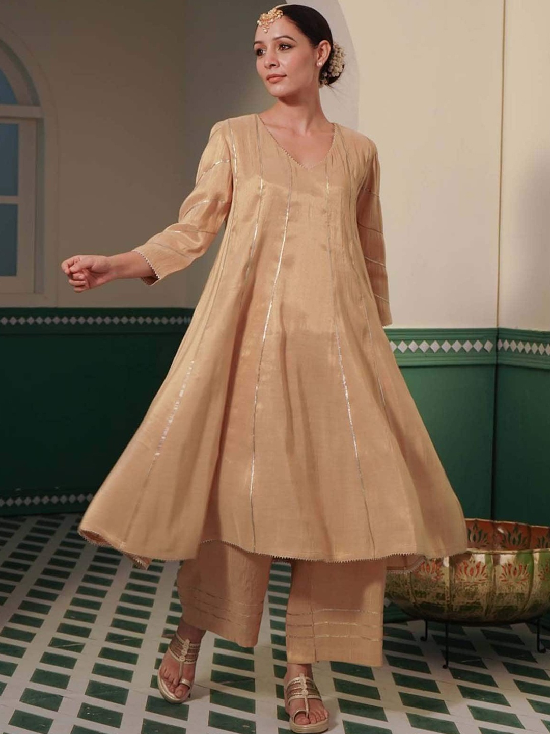 

NERO Stripped Gotta Patti Tissue Kurta With Trousers & Dupatta, Gold