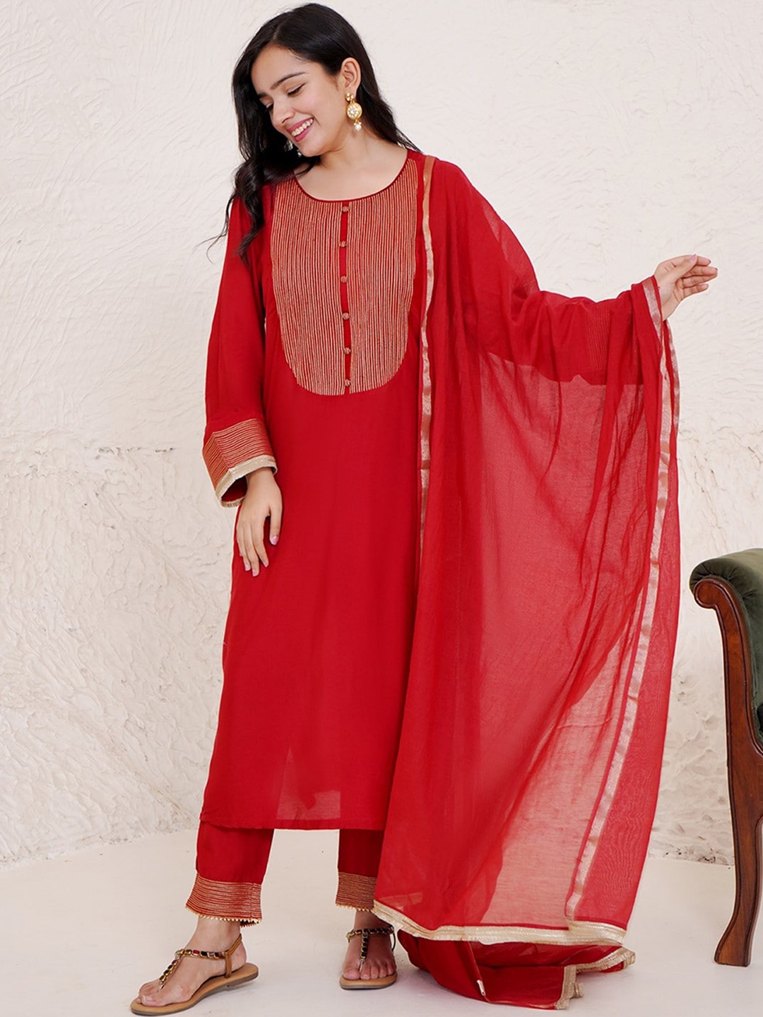 

NERO Striped Yoke Design Chanderi Silk Straight Kurta With Trousers & Dupatta, Red