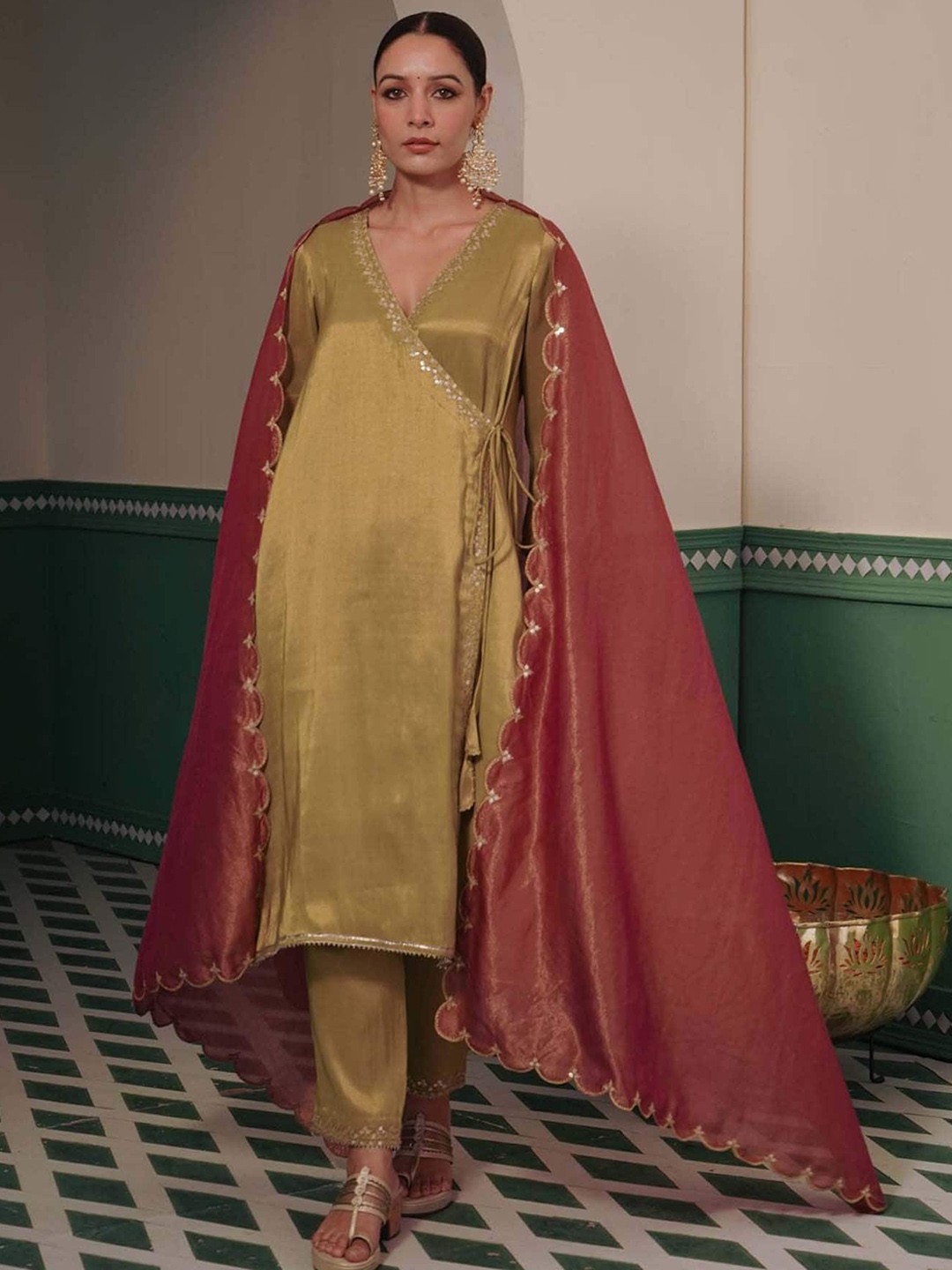 

NERO Dori Embroidery and Sequinned Angrakha Kurta With Trousers & Dupatta, Green