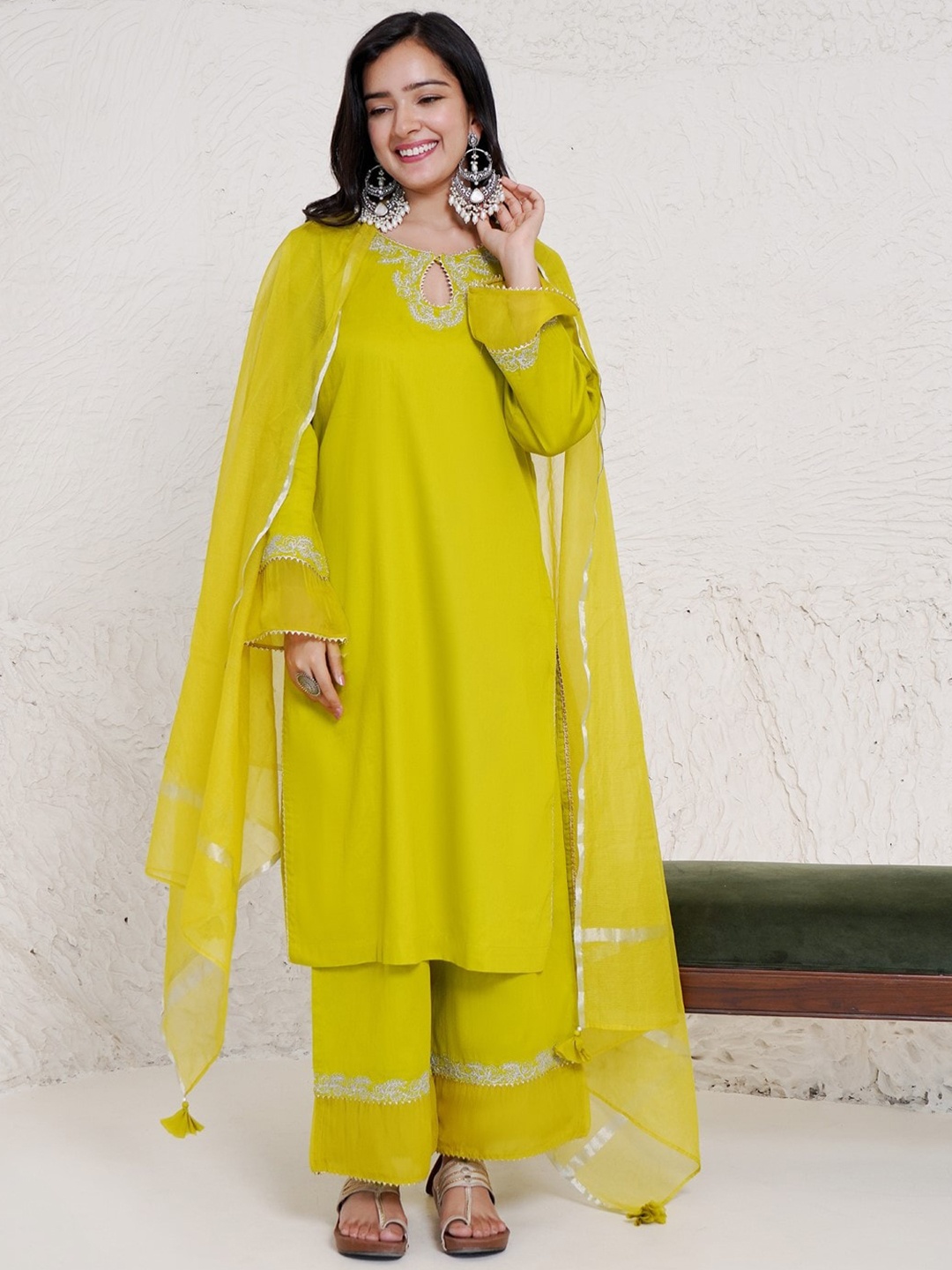 

NERO Floral Yoke Design Gotta Patti Kurta With Trousers & Dupatta, Lime green