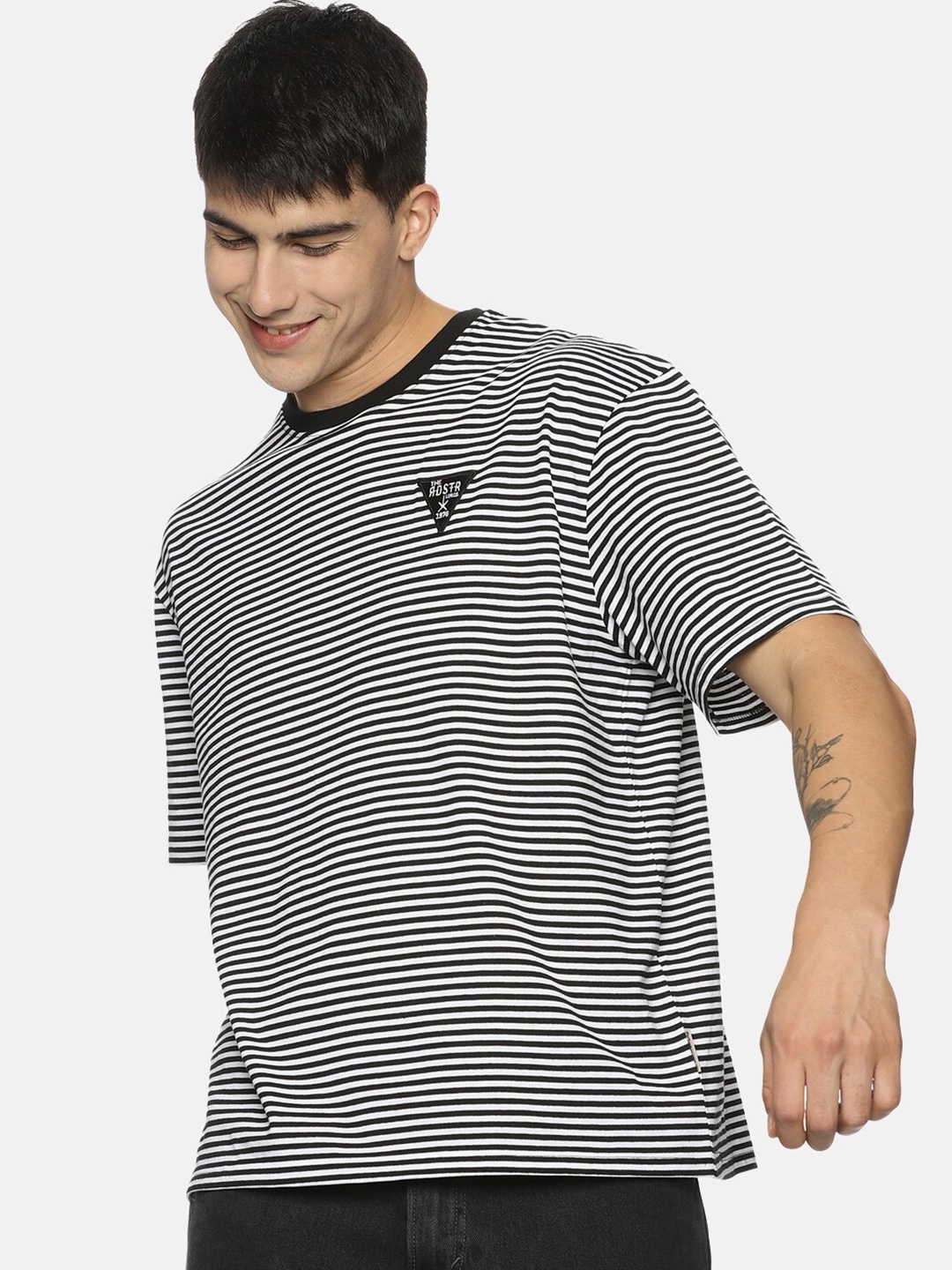 

The Roadster Lifestyle Co. Striped Round Neck Cotton Oversized Tshirts, Black