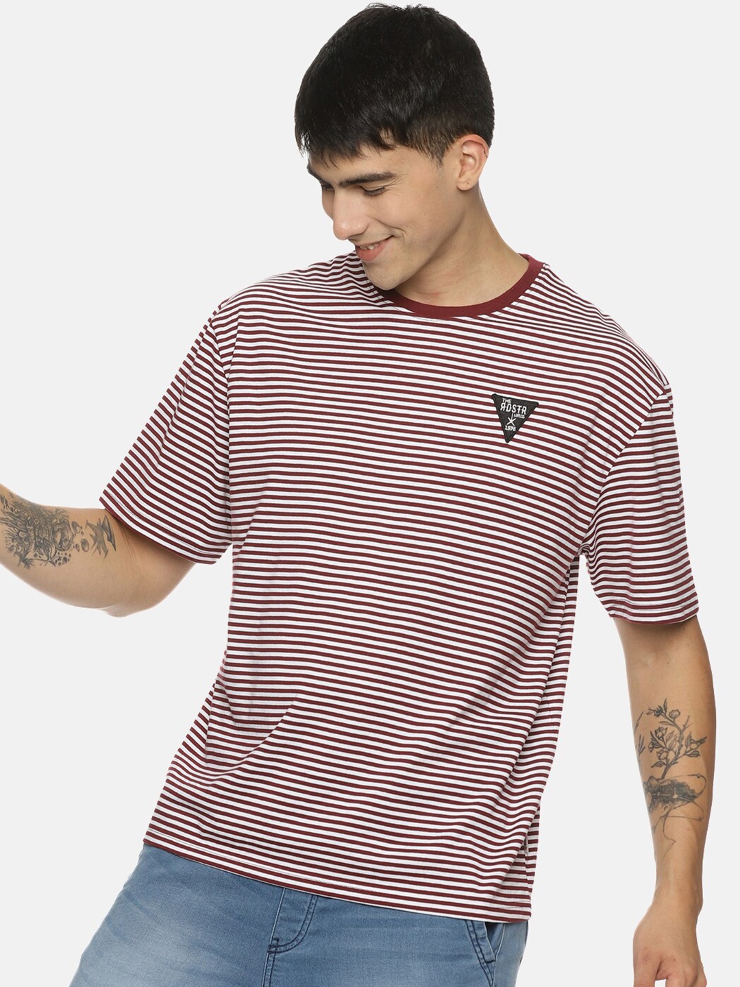 

The Roadster Lifestyle Co. Burgundy Striped Oversized Cotton Tshirts