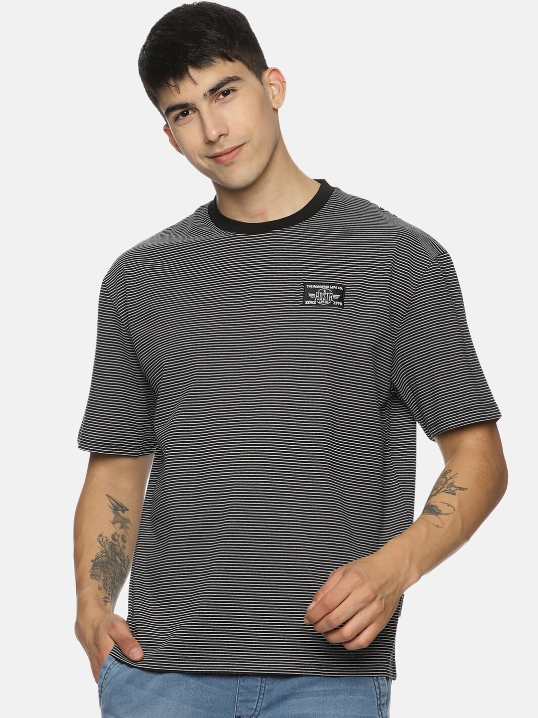 

Roadster Striped Oversized Pure Cotton T-Shirt, Black