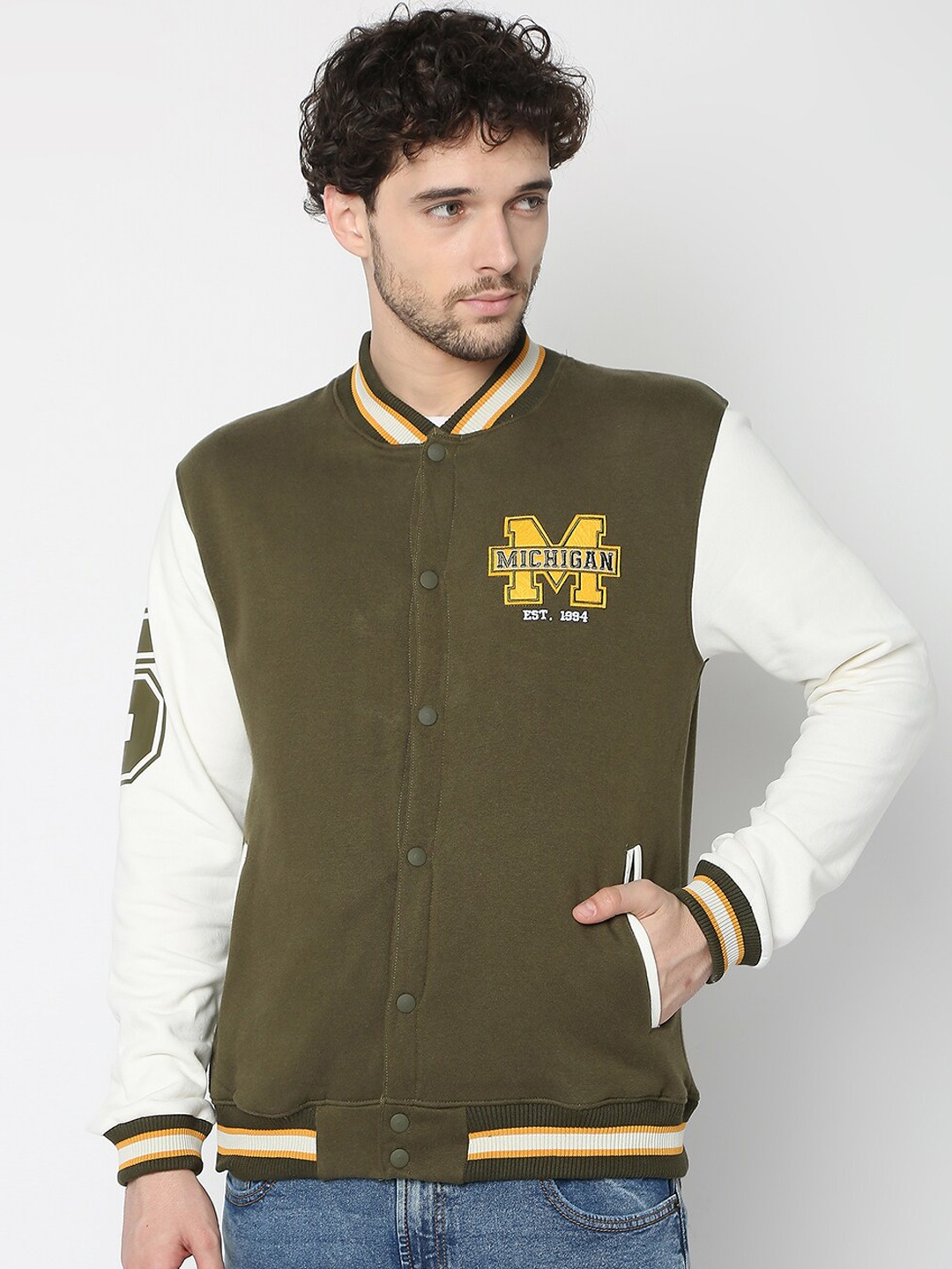 

R&B Stand Collar Long Sleeves Bomber Jacket, Green