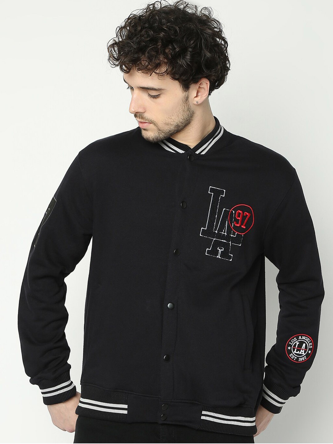 

R&B Typography Printed Stand Collar Cotton Bomber Jacket, Black