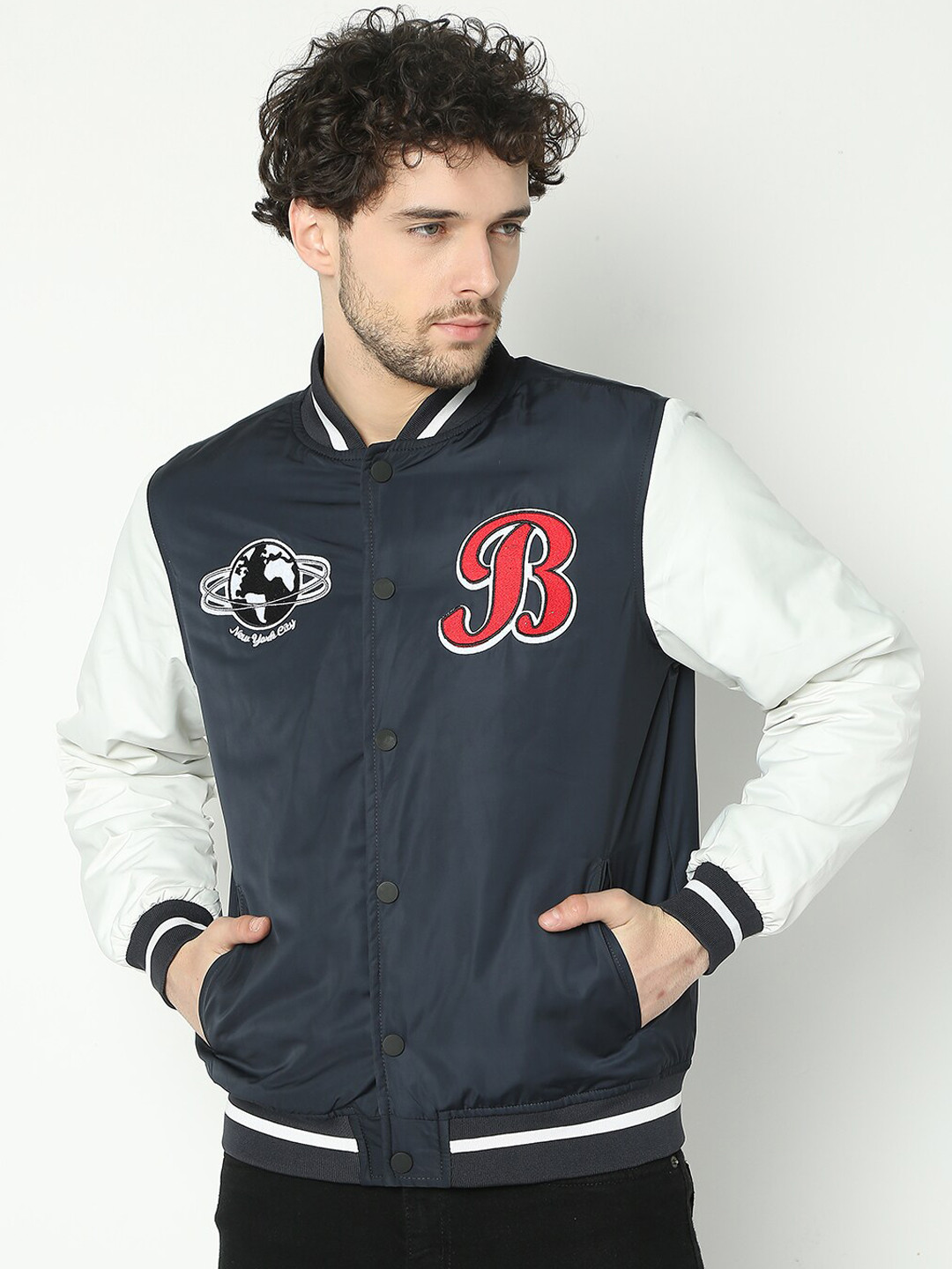 

R&B Stand Collar Long Sleeves Bomber Jacket, Blue