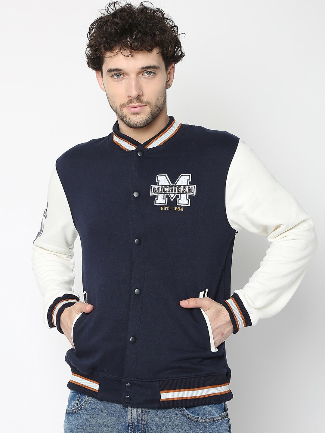 

R&B Stand Collar Long Sleeves Bomber Jacket, Navy blue