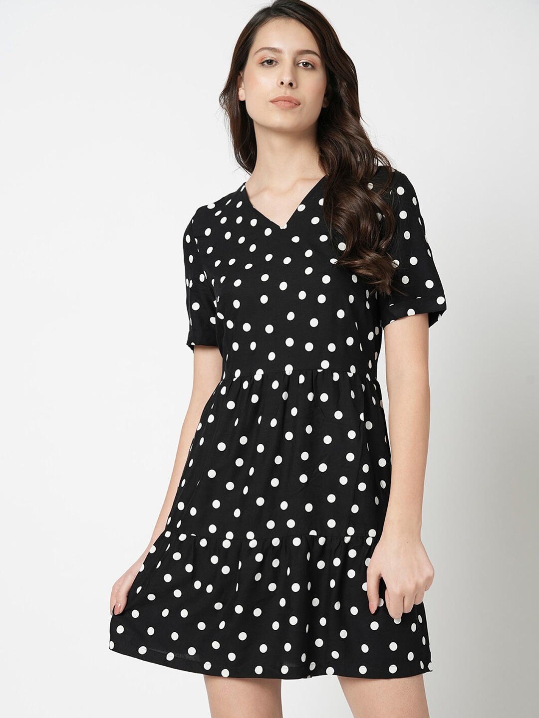 

Vero Moda Polka Dot Printed V-Neck Fit & Flare Dress, Black