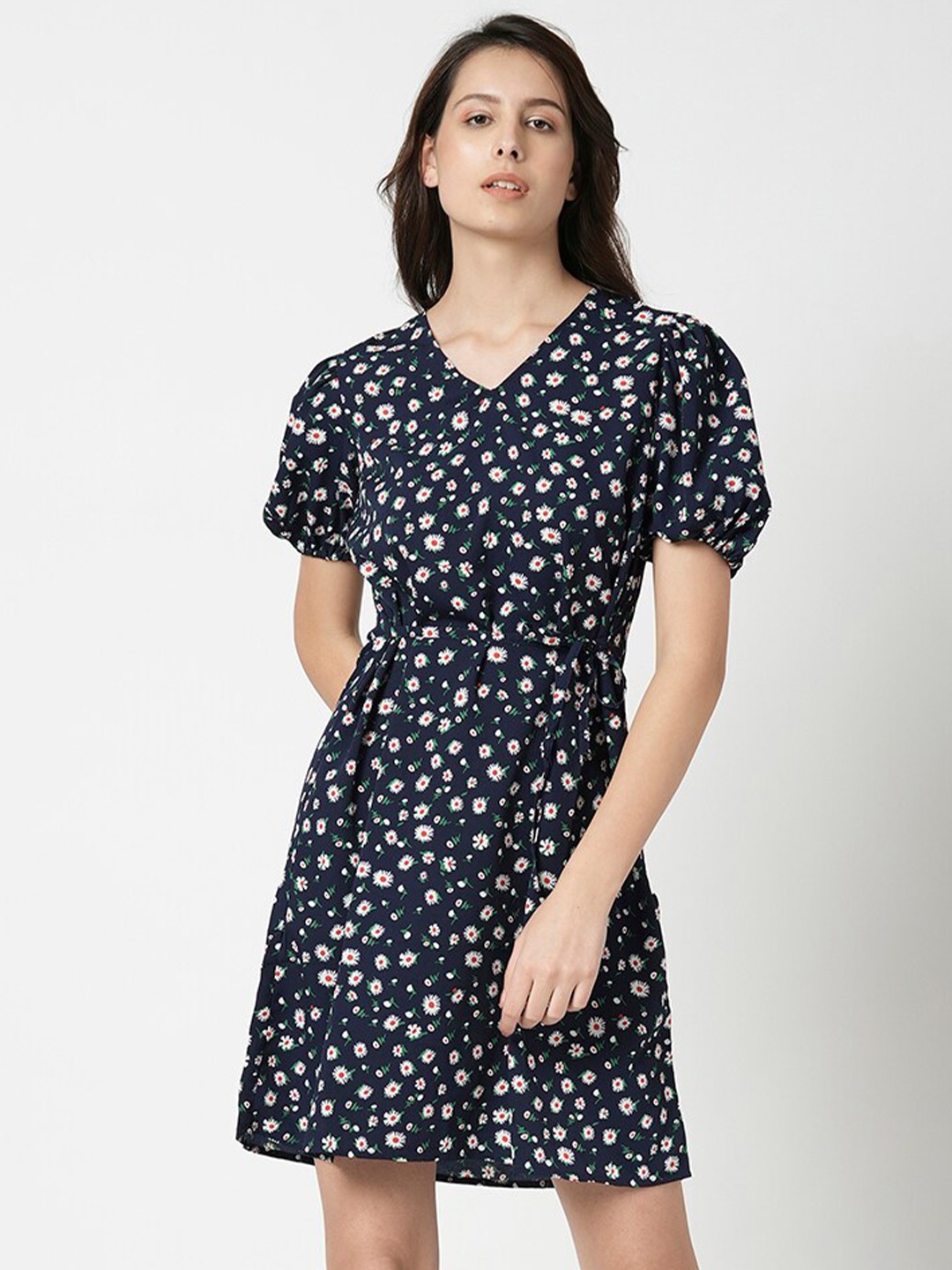 

Vero Moda Floral Printed Tie Ups Puff Sleeves Fit & Flare Dress, Navy blue