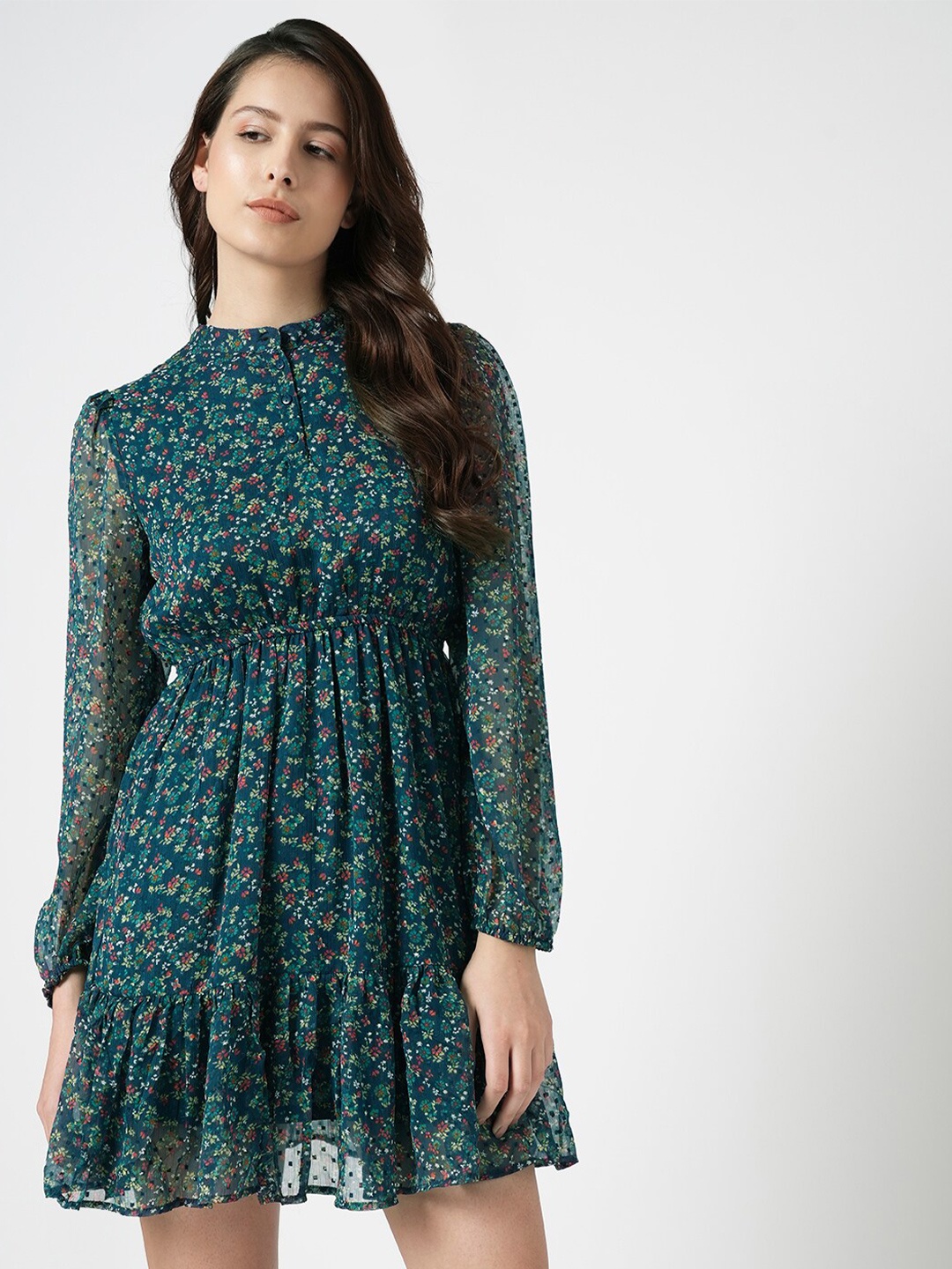 

Vero Moda Floral Printed Mandarin Collar Puff Sleeves Fit & Flare Mini Dress, Blue