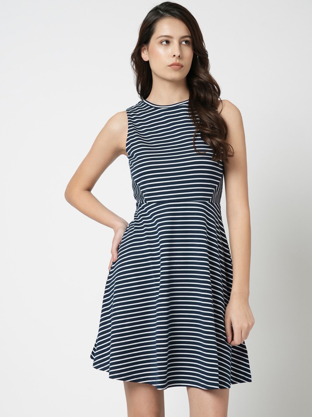 

Vero Moda Striped Round Neck A-Line Dress, Navy blue
