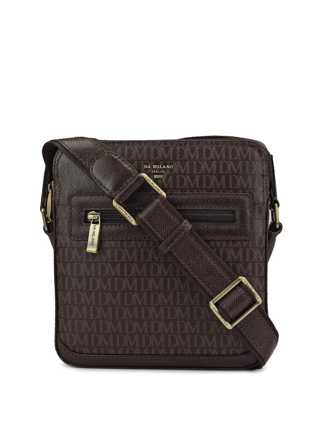 

Da Milano Typography Printed Leather Structured Sling Bag, Brown