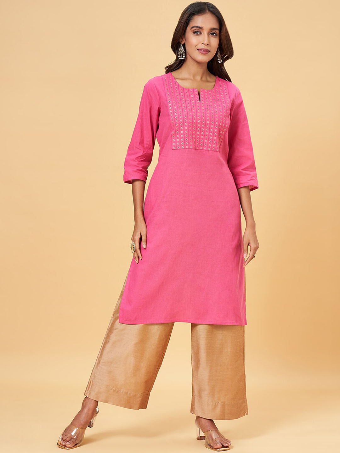 

RANGMANCH BY PANTALOONS Yoke Design Round Neck Cotton Straight Kurta, Rose