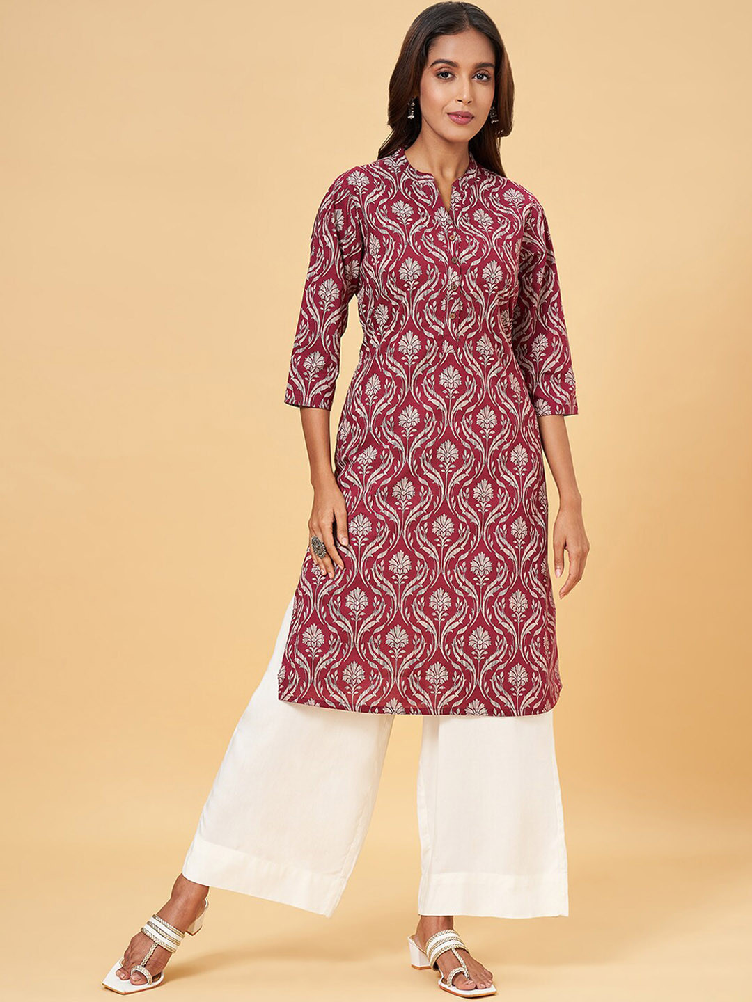 

RANGMANCH BY PANTALOONS Geometric Printed Pure Cotton Straight Kurta, Pink