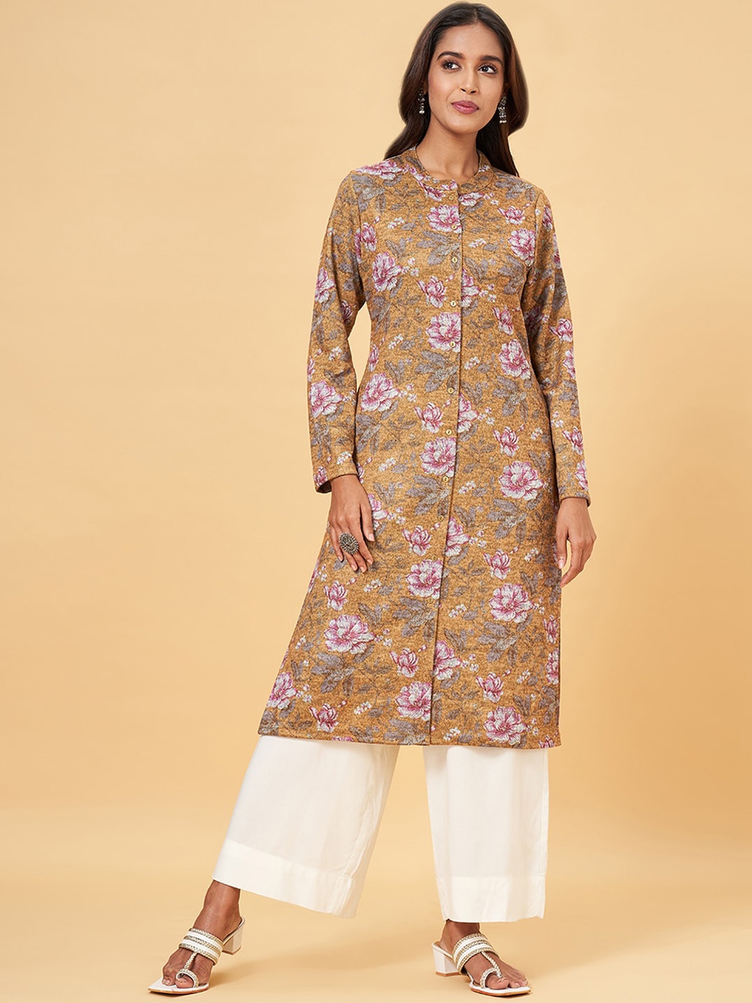 

RANGMANCH BY PANTALOONS Floral Printed Band Collar A-Line Acrylic Kurta, Mustard