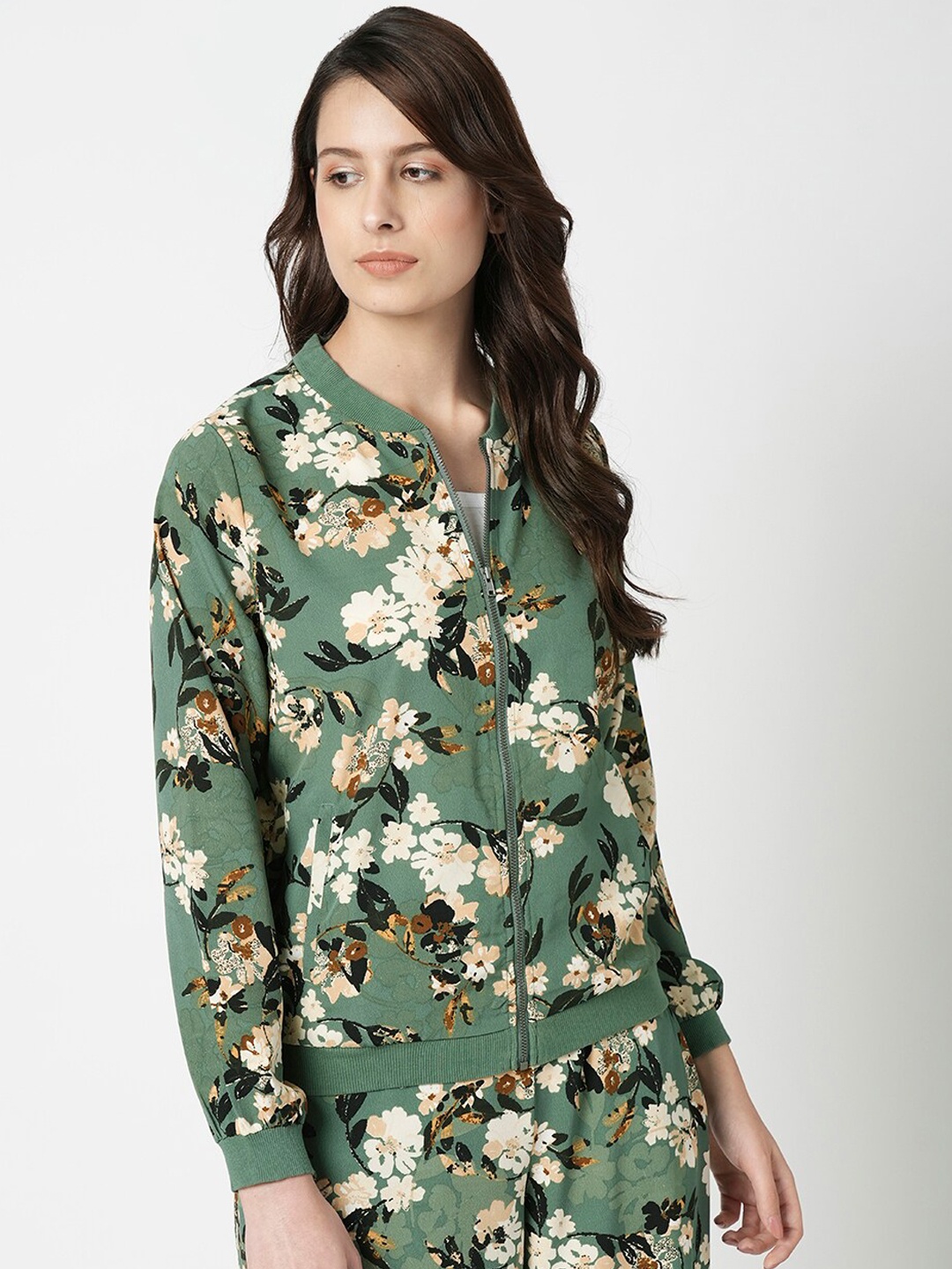 

Vero Moda Floral Printed Stand Collar Lightweight Bomber Jacket, Green