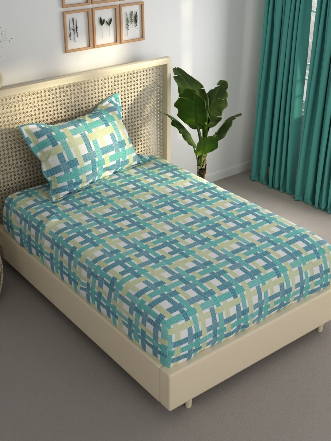 

BIANCA Estonia Teal & White Geometric 120 TC Single Bedsheet & Pillow Cover 120 GSM