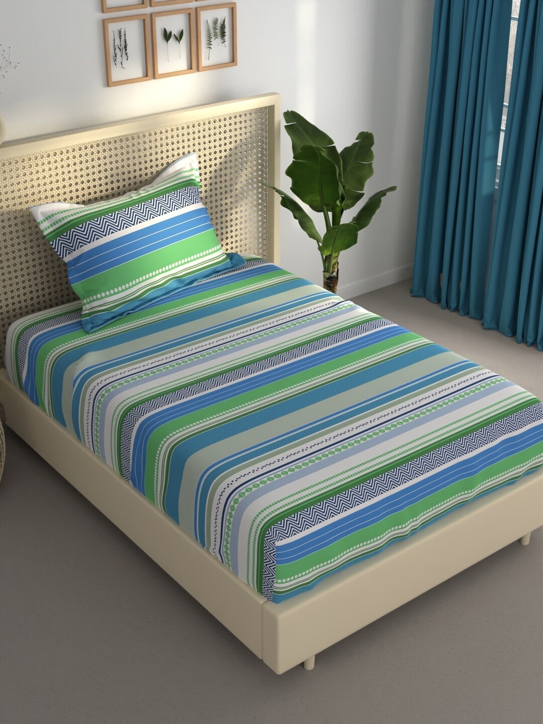 

BIANCA Estonia Green White Striped 120 TC Single Bedsheet With 1 Pillow Covers