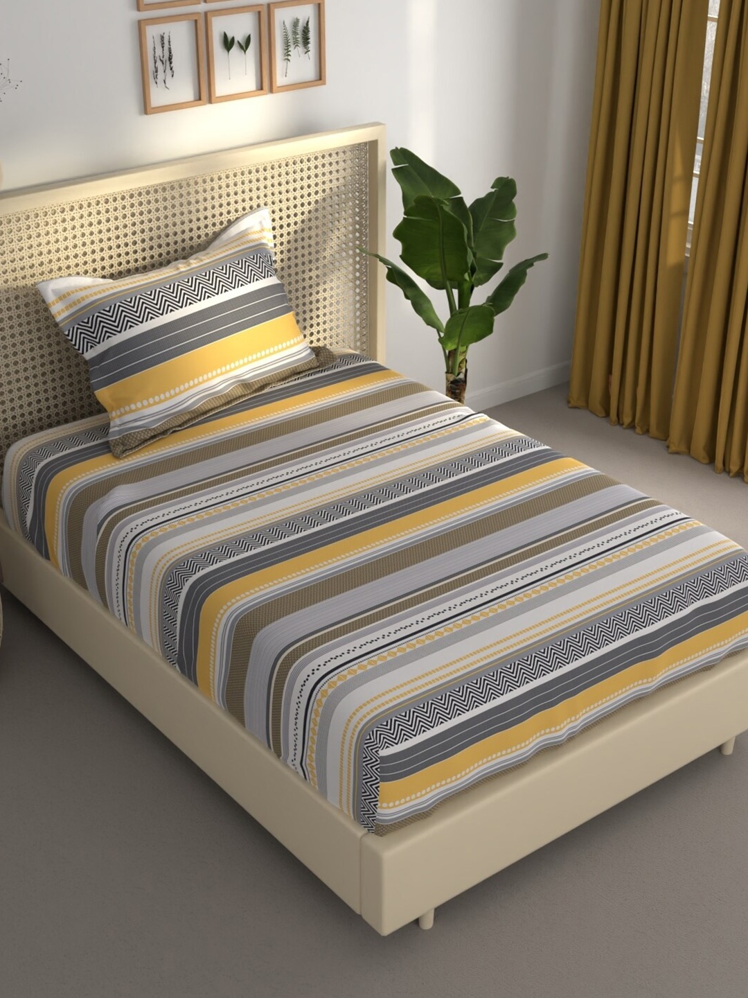 

BIANCA ESTONIA Yellow & Grey Geometric 120 GSM 120 TC Single Bedsheet with 1 Pillow Cover