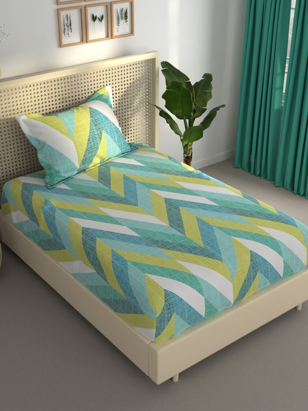 

BIANCA ESTONIA Turquoise Blue & Yellow 120 GSM 120 TC Single Bedsheet with 1 Pillow Cover
