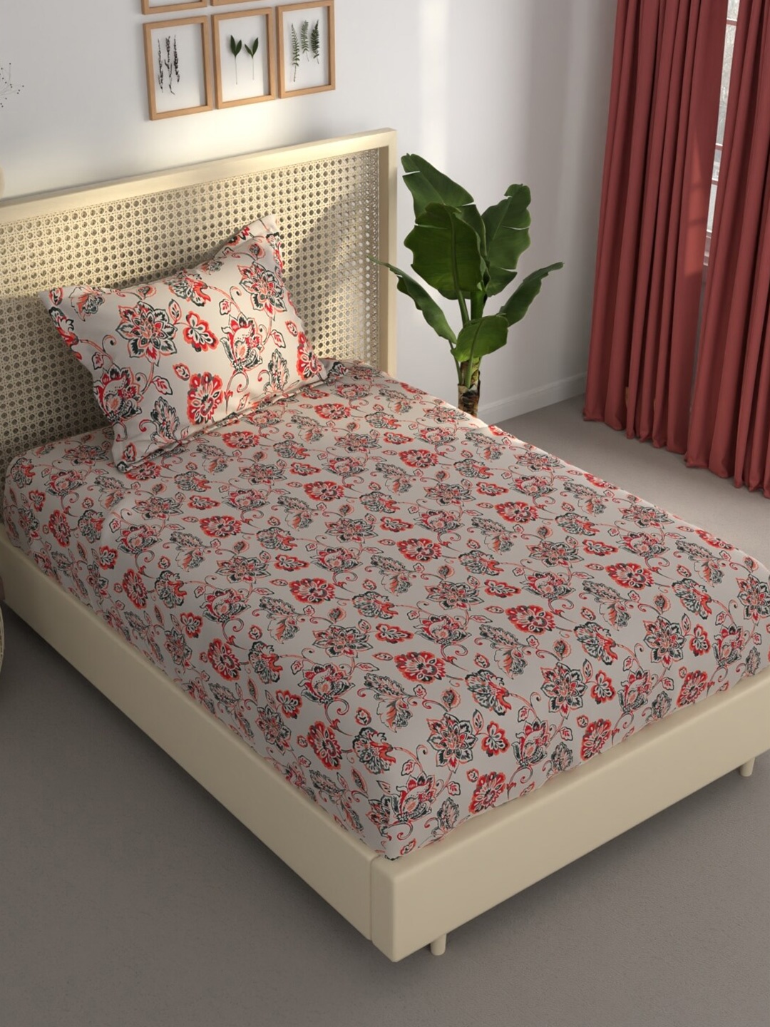 

BIANCA Estonia Beige & Red Floral 120 TC Single Bedsheet & Pillow Cover