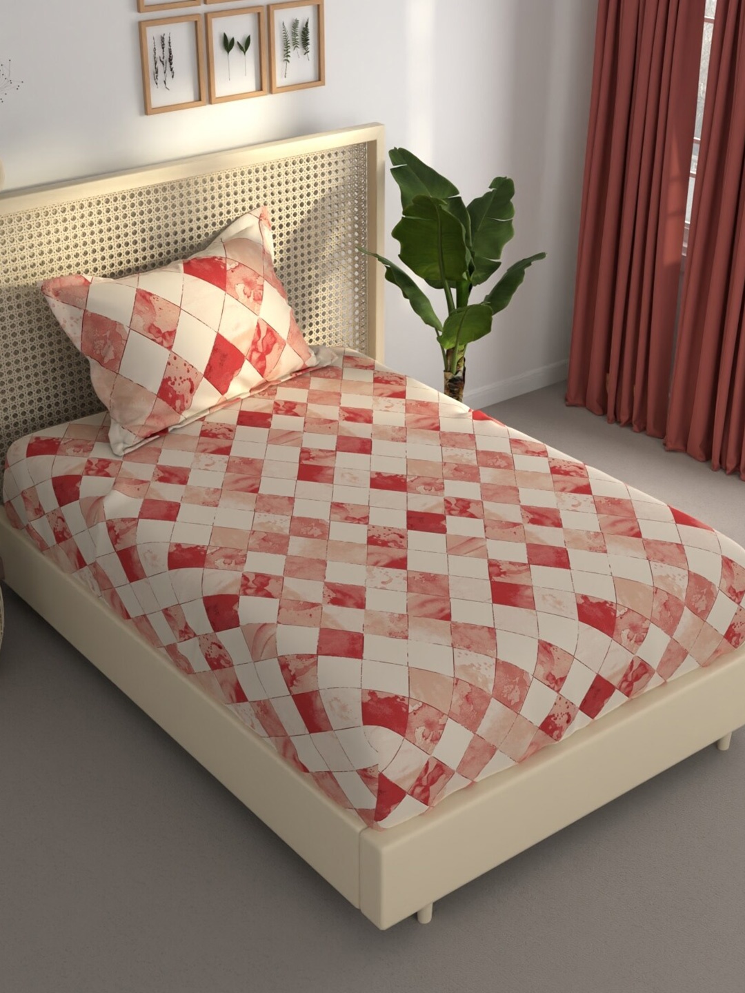 

BIANCA Estonia Red & Beige Geometric 120 TC Single Bedsheet & Pillow Cover 120 GSM