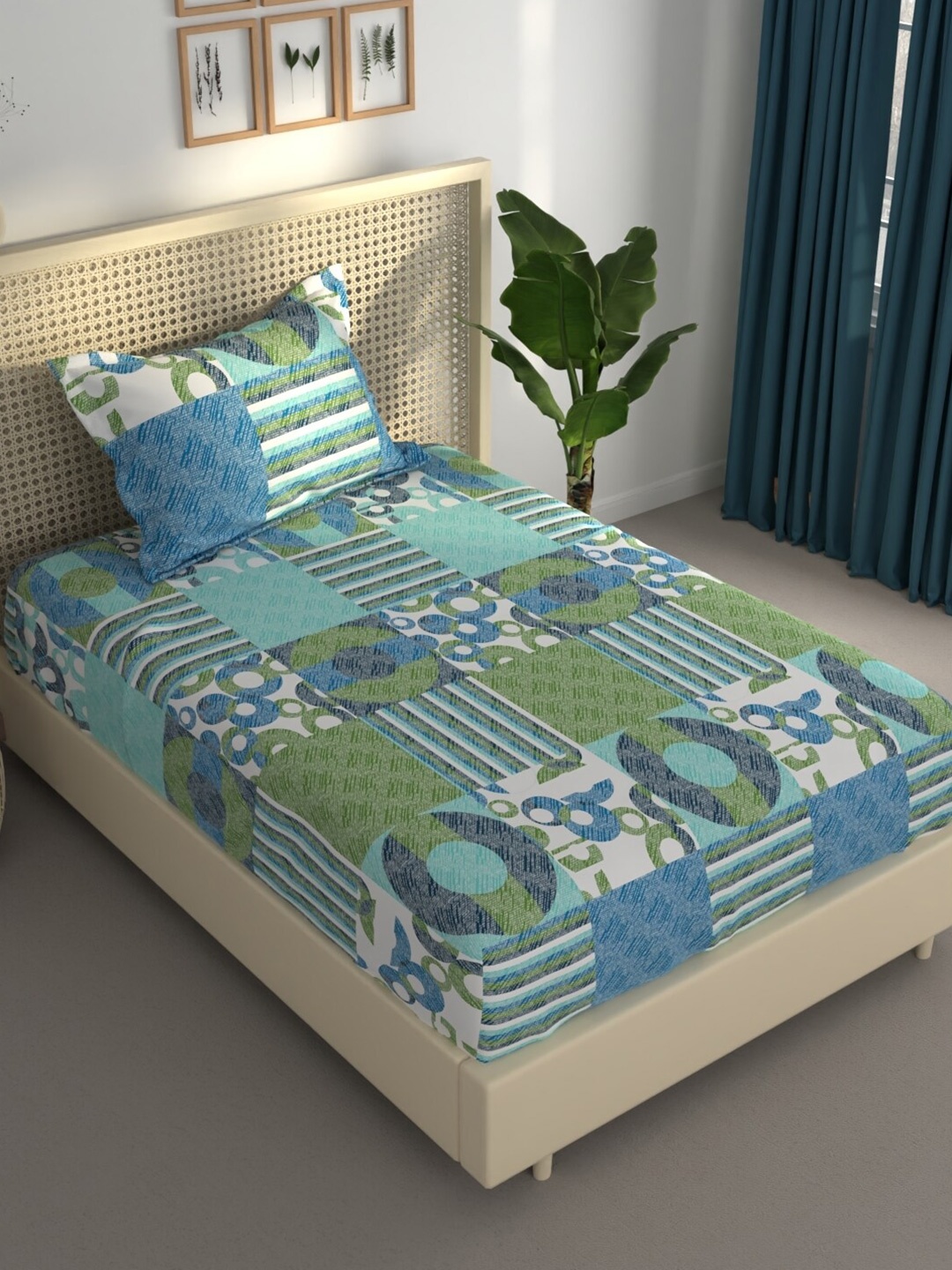 

BIANCA ESTONIA Green & Blue 120 GSM 120 TC Single Bedsheet with 1 Pillow Cover